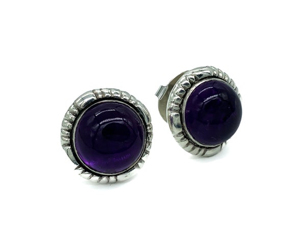 Vintage Modernist Sterling Silver Amethyst Cabochon Stud Earrings/ Amethyst Post Earrings/ Vintage Sterling Earrings/ Sterling Amethyst View 6