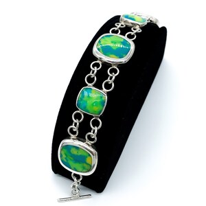 Vintage Sterling Silver Mottled Blue Green Yellow Art Glass Link Bracelet 8.25&quot;/ Sterling Silver Tie Dye Art Glass Bracelet/ Link Bracelet
