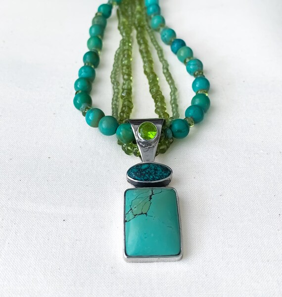 Vintage Sterling Silver Turquoise Peridot Pendant… - image 2