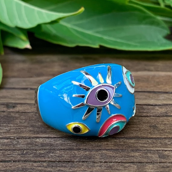 Vintage Y2k Sterling Silver Enamel Evil Eye Dome … - image 1