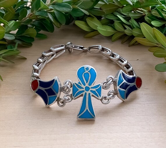 Vintage Egyptian Sterling Silver Enamel Ankh Lotus Flower Bracelet 7.5"/ Ancient Egyptian Bracelet/ Egyptian Lotus Flower Bracelet/ Blue