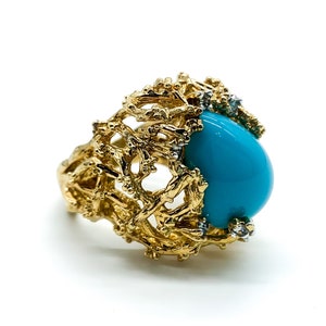 Vintage 14k Yellow Gold Sterling Silver Organic Turquoise Enamel White Topaz Ring Size 6.75/ Vintage Tropical 14k Sterling Silver Ring