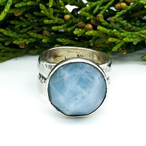 Vintage Artisan Sterling Silver Hammered Aquamarine Ring Size 7/ Hammered Sterling Silver Aquamarine Ring/ Sterling Blue Gemstone Ring