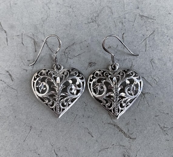 Vintage Sterling Silver Etched Heart Dangle Earrings/ Carved 