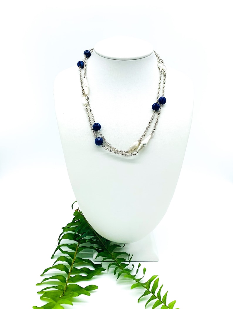 Antique Peruzzi Italy Sterling silver Ribbed Bead Lapis Lazuli Long Chain Necklace 30 Antique Peruzzi Chain Necklace Peruzzi Lapis Lazuli