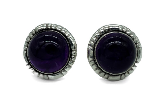Vintage Modernist Sterling Silver Amethyst Cabochon Stud Earrings/ Amethyst Post Earrings/ Vintage Sterling Earrings/ Sterling Amethyst View 3