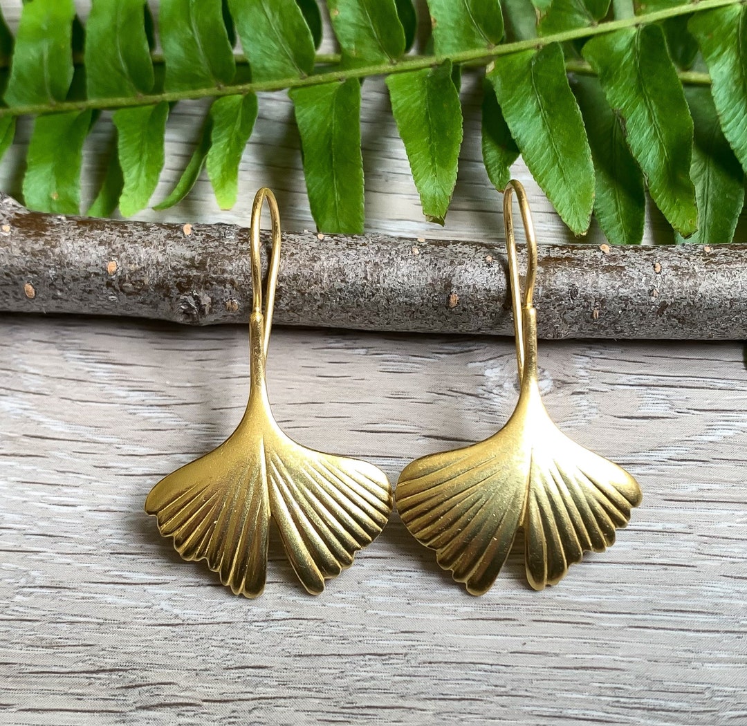 Vintage 14k Yellow Gold Sterling Silver Gingko Leaf Drop Earrings/ Gold