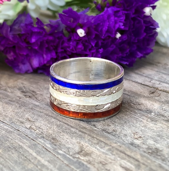 Antique French Sterling Silver Enamel Band Ring Size 6/ Antique Sterling Ring/ Antique Sterling Jewelry/ Sterling Enamel Ring/ Sterling Band