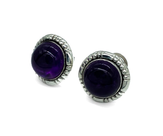 Vintage Modernist Sterling Silver Amethyst Cabochon Stud Earrings/ Amethyst Post Earrings/ Vintage Sterling Earrings/ Sterling Amethyst View 4