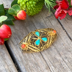 Vintage Chinese Export Gold Sterling Silver Turquoise Coral Filigree Pin Brooch/ Chinese Gold Filigree Turquoise Coral Brooch/ Filigree Pin image 2