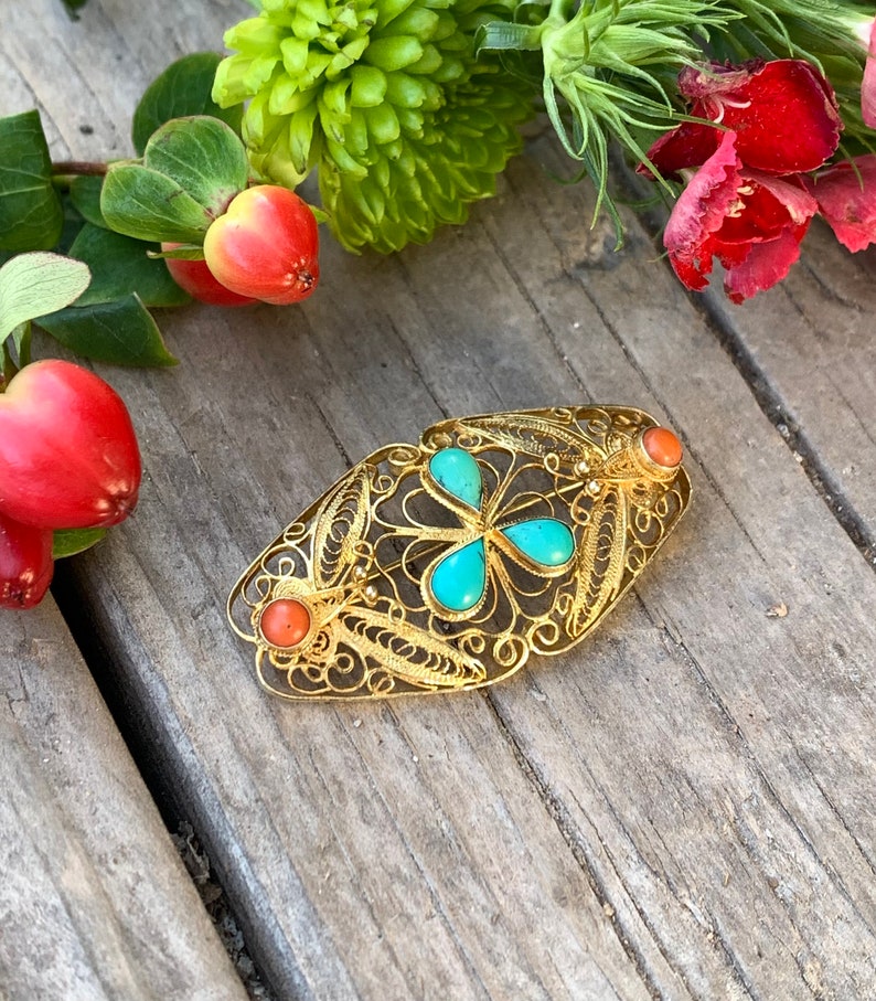 Vintage Chinese Export Gold Sterling Silver Turquoise Coral Filigree Pin Brooch/ Chinese Gold Filigree Turquoise Coral Brooch/ Filigree Pin image 2