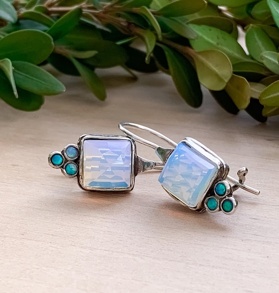 Vintage Modernist Sterling Silver Opalite Drop Earrings/ Modernist Sterling Earrings/ Sterling Opalite Earrings/ Sterling Opal Earrings