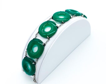 Antique Art Deco Sterling Silver Imperial Jade Enamel Donut Link Bracelet inches 8"/ Art Deco Green Jade Bracelet/ Antique Chinese Enamel