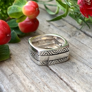 Vintage Sterling Silver Square Geometric Design Band Ring Size 6.5/ Vintage Modernist Sterling Band Ring/ Vintage Tribal Sterling Band Ring