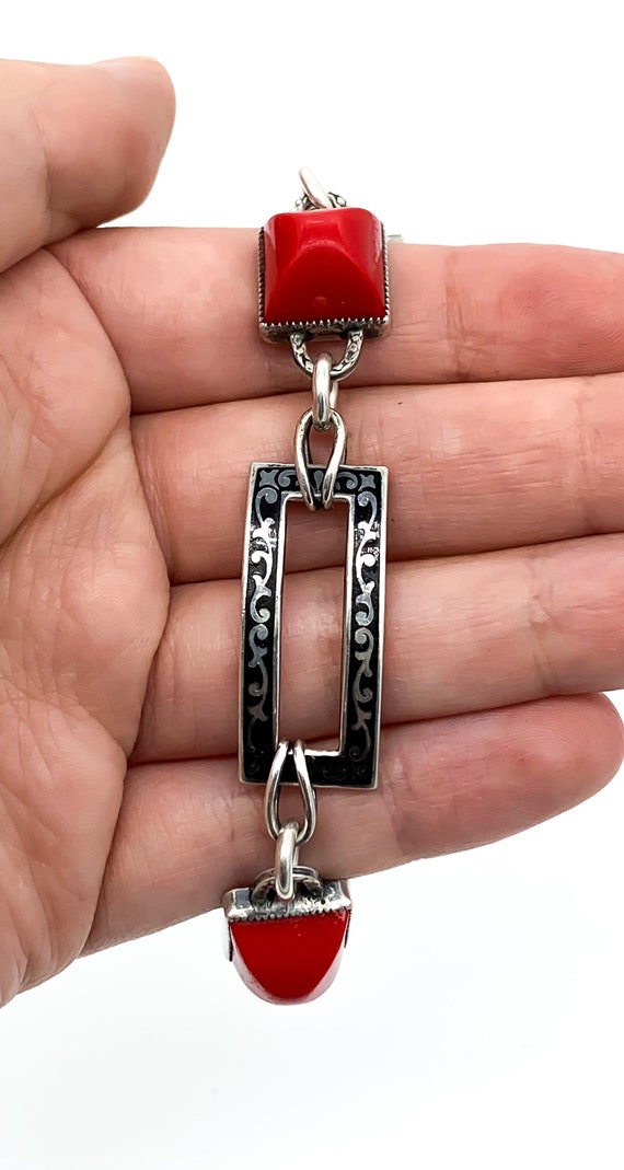 Antique Art Deco Sterling Silver Black Enamel Red… - image 8