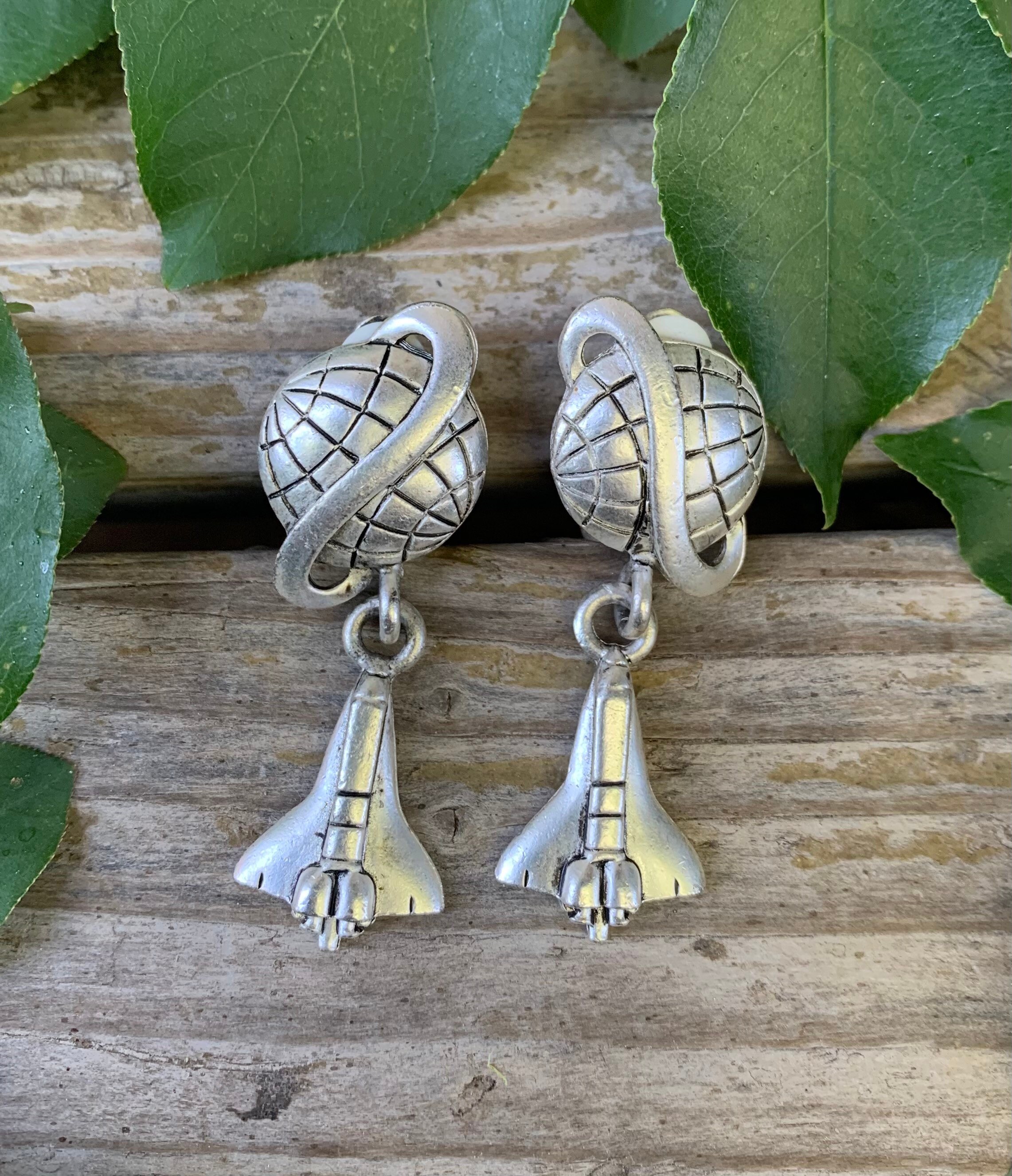 Vintage Mrs. Frizzle Planet & Rocket Ship Silver Tone Clip on Earrings ...