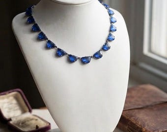 Antique Art Deco Sterling Silver Sapphire Blue Paste Riviere Necklace 15"/ Antique Sterling Paste Rhinestone Necklace/ Antique Rivière