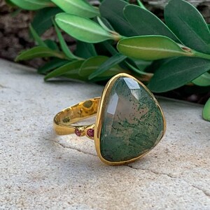 Modernist Yellow Gold Vermeil Sterling Silver Moss Agate Ring Size 7.5/ Gold moss Agate Ring/ Sterling Silver Moss Agate Ring/ Agate Ring