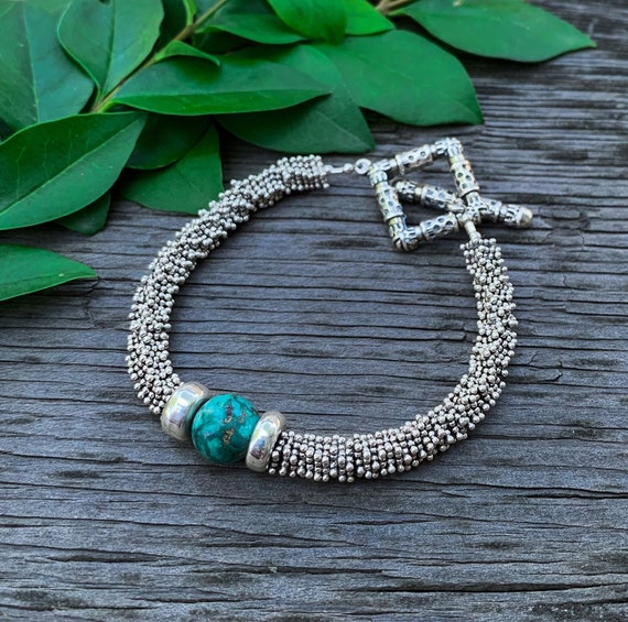 Vintage Boho Sterling Silver Turquoise Bead Bracelet 7.75”/ Sterling Silver Bead Bracelet/ Turquoise Bead Bracelet/ Gemstone Bead Bracelet