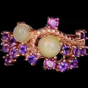 14k Rose Gold Sterling Silver Ethiopian Opal Amethyst Ring Size 6.25/ 14k Rose Gold Ethiopian Opal Ring/ 14k Rose Gold Opal Ring/ Amethyst