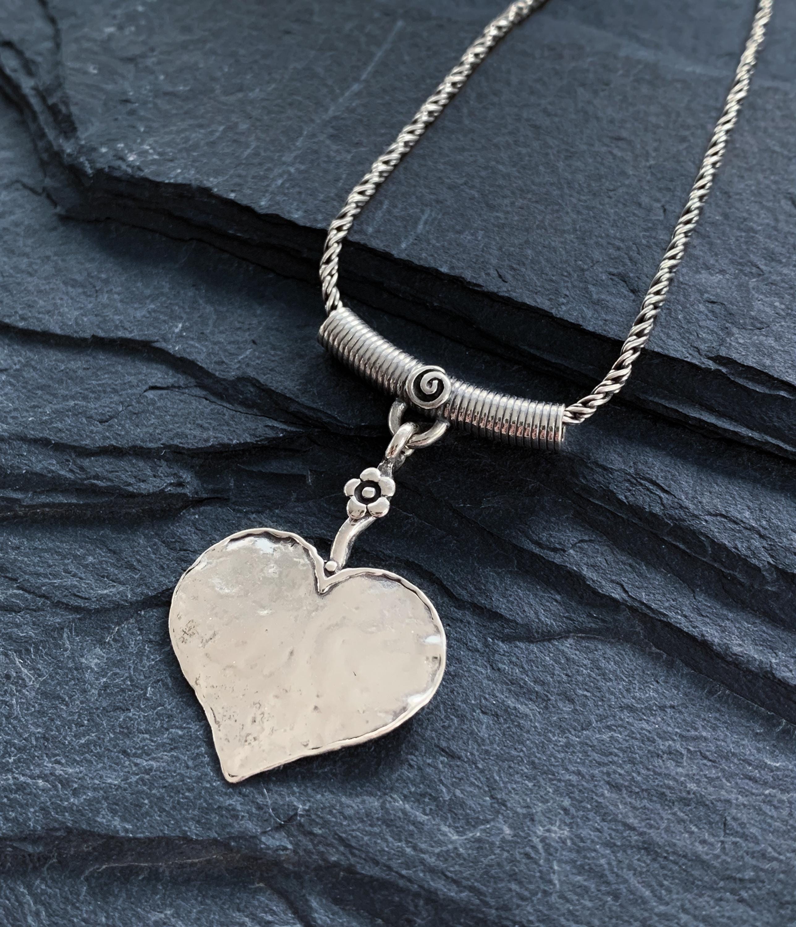 Vintage Modernist Hammered Sterling Silver Heart Pendant Necklace