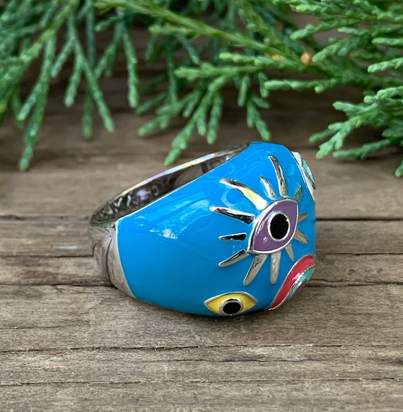 Vintage Y2k Sterling Silver Enamel Evil Eye Dome … - image 3