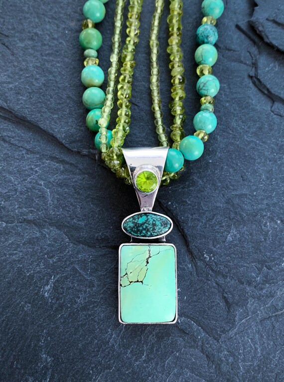 Vintage Sterling Silver Turquoise Peridot Pendant… - image 8