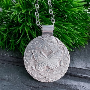 Vintage Sterling Silver Stamped Butterfly Medallion Pendant Necklace 15&quot;/ Sterling Silver Butterfly Pendant Necklace/ Sterling Butterfly