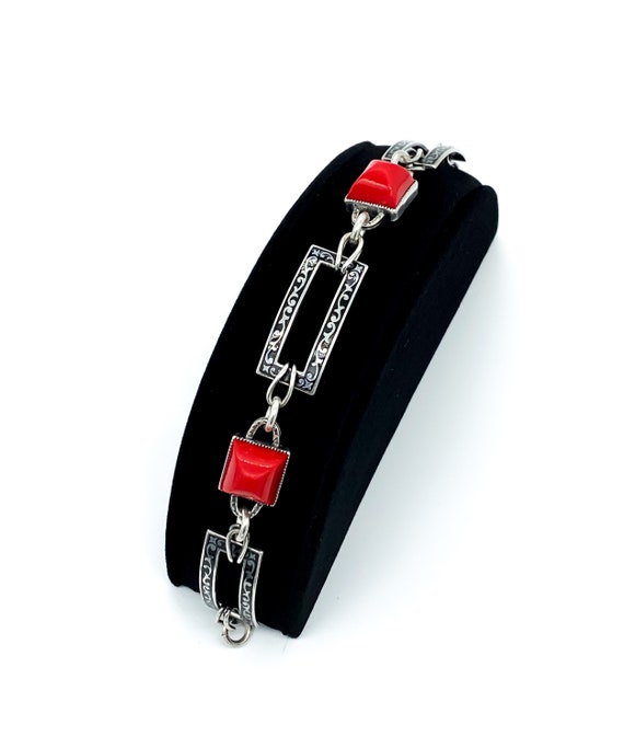 Antique Art Deco Sterling Silver Black Enamel Red… - image 2