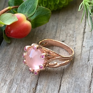 14k Rose Gold Sterling Silver Rose Quartz Cabochon Ruby Organic Vine Ring Size 6/ Rose Gold Rose Quartz Ring/ Rose Gold Ruby Ring/ Cabochon