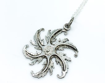 Antique Art Nouveau Sterling Silver Whirl Flower Pendant Necklace 20"/ Antique Art Nouveau Sterling Pendant Necklace/ Art Nouveau Necklace
