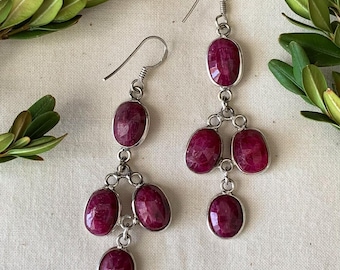 Vintage Sterling Silver Dyed Ruby Earrings/ Vintage Sterling Earrings/ Ruby Earrings/ Red Gemstone Earrings