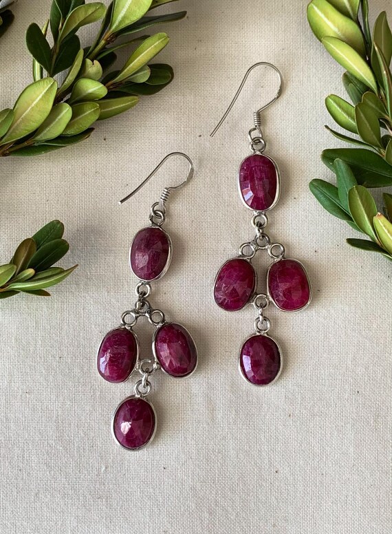 Vintage Sterling Silver Dyed Ruby Earrings/ Vintage Sterling Earrings/ Ruby Earrings/ Red Gemstone Earrings