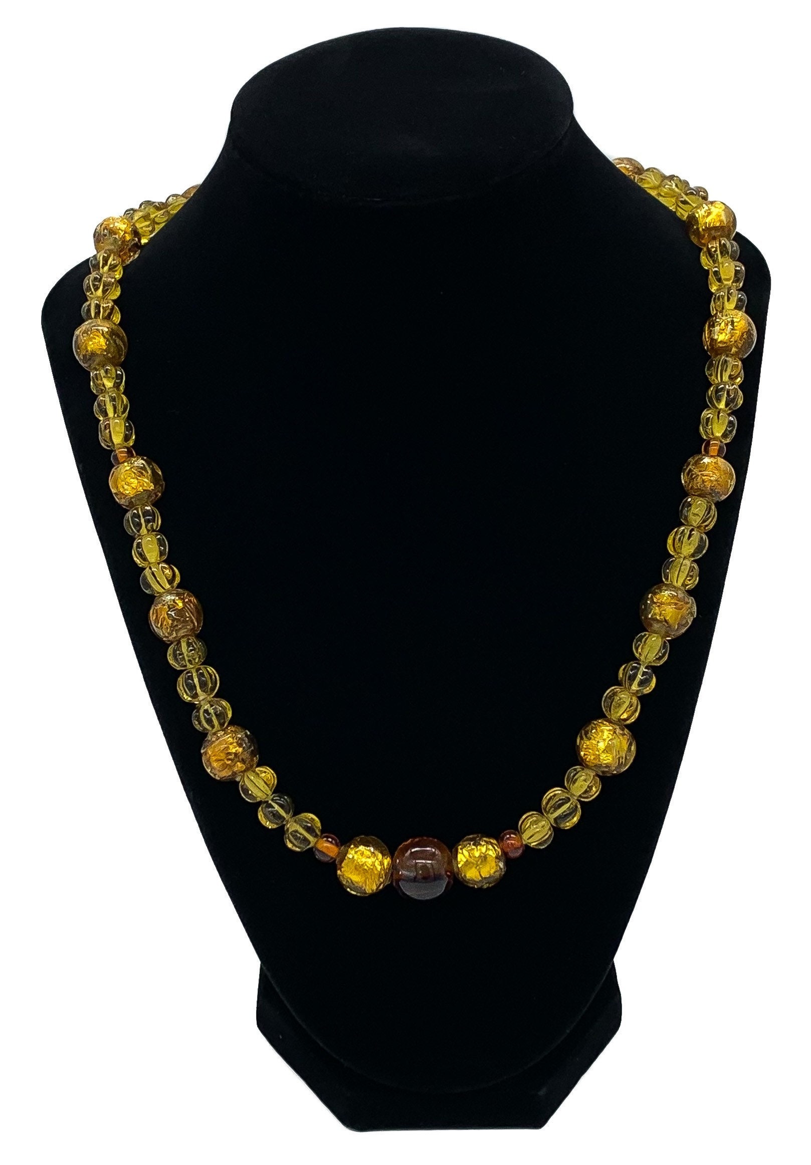 Collier Ancien Années 80 - Perles De Verre Et Ambre Sur Base Argentée - Occasion Très Bon état