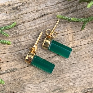 14k Yellow Gold Sterling Silver Green Onyx Bar Earrings/ Green Onyx Post Earrings/ Green Onyx Stud Earrings/ Green Onyx Hexagon Bar Earrings