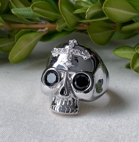 Vintage Sterling Black Spinel White Sapphire Skull Ring Size 7