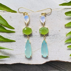14k Yellow Gold Sterling Silver Moonstone Chalcedony Earrings/ Rainbow Moonstone Earrings/ Lime Green Chalcedony/ Aqua Chalcedony Earrings