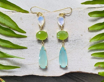 14k Yellow Gold Sterling Silver Moonstone Chalcedony Earrings/ Rainbow Moonstone Earrings/ Lime Green Chalcedony/ Aqua Chalcedony Earrings