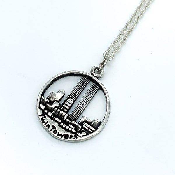 Vintage Twin Towers World Trade Center Sterling Silver Souvenir Pendant Necklace 18"/ Vintage Sterling Silver Pendant Necklace/ Twin Towers