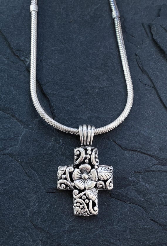 Vintage Taxco Sterling Silver Floral Cross Pendant Ne… - Gem