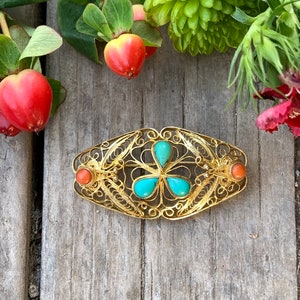 Vintage Chinese Export Gold Sterling Silver Turquoise Coral Filigree Pin Brooch/ Chinese Gold Filigree Turquoise Coral Brooch/ Filigree Pin image 1