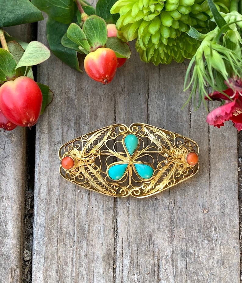 Vintage Chinese Export Gold Sterling Silver Turquoise Coral Filigree Pin Brooch/ Chinese Gold Filigree Turquoise Coral Brooch/ Filigree Pin image 1