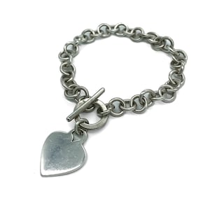 Vintage Designer Style Heavy Sterling Silver Thick Cable Chain Heart Charm Bracelet 7.5&quot;/ Sterling Silver Cable Chain Heart Charm Bracelet