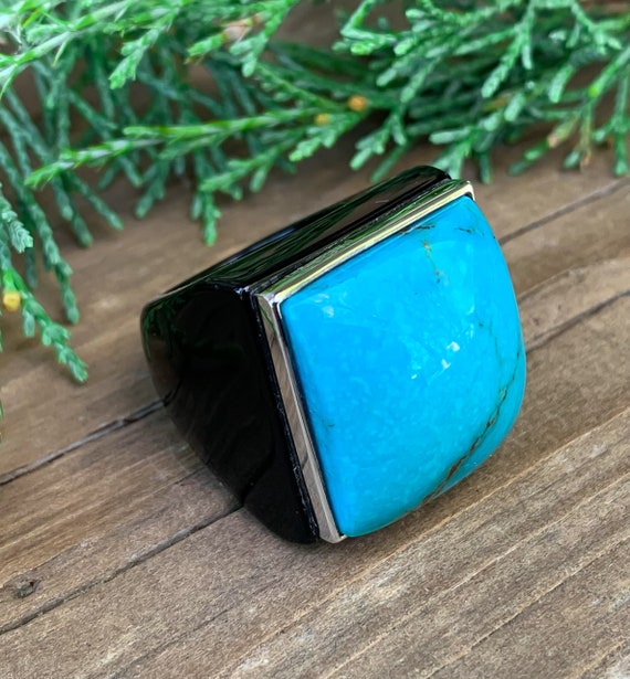 Vintage Designer Sterling Silver Carved Onyx Turquoise Ring Size 5.25/ Carved Gemsone Ring/ Bkack Inyx Ring/ Turquoise Signet Ring/ Blue View 3