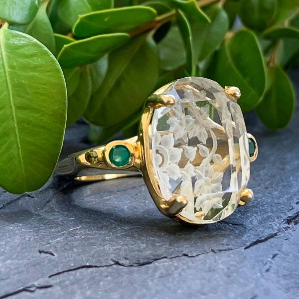 14k Yellow Gold Sterling Silver Reverse Carved Prasiolite Emerald Peridot Ring Size 8.75/ Reverse Carved Gemstone Ring/ Carved Gemstone Ring