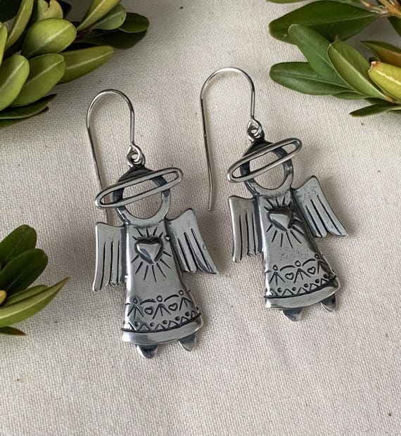 Vintage Sterling Silver Angel Charm Earrings/ Sterling Silver Angel Earrings/ Sterling Angel Wing Earrings/ Vintage Sterling Silver Earrings