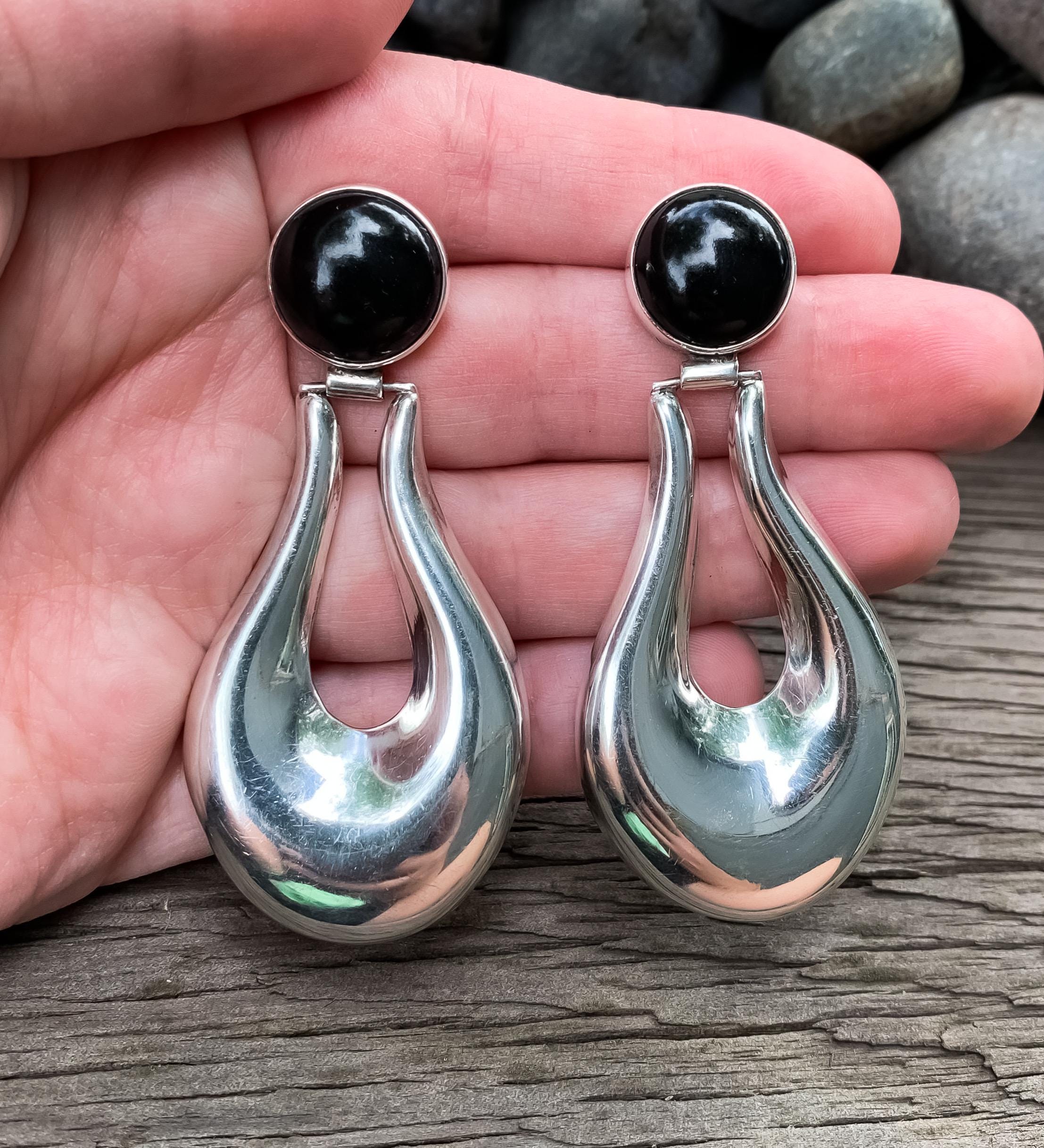 Vintage Taxco Modernist Sterling Silver Black Onyx Drop  Taxco Earrings 925 Sterling Silver Black Onyx Openwork Dangle Modernist Deco Vtg main image 0