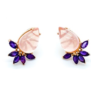 Rose Gold Sterling Silver Rose Quartz Amethyst Petal Earrings/ Rose Gold Rose Quartz Stud Earrings/ Rose Gold Amethyst Earrings/ Petal Studs