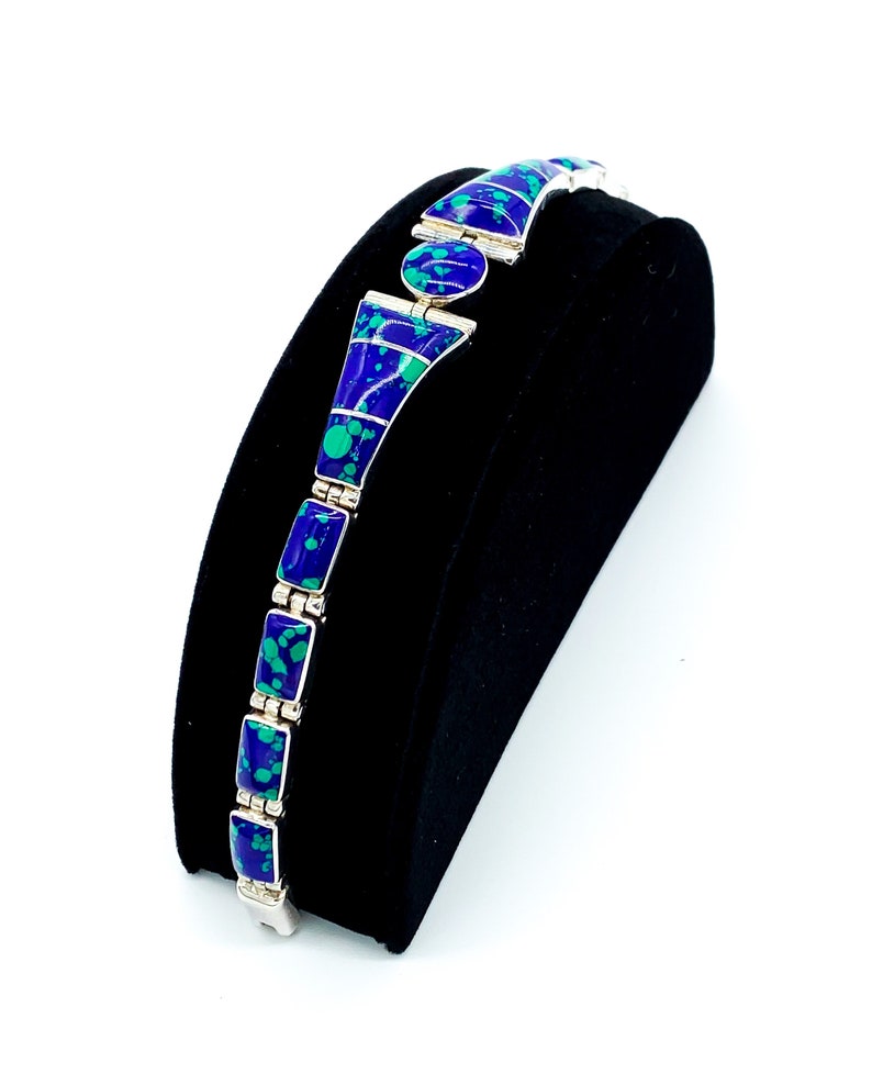 Vintage Taxco Sterling Silver Inlay Azurite Lapis Malachite Link Bracelet 7.5 Vintage Sterling Silver Inlay Azurite Bracelet Azurite