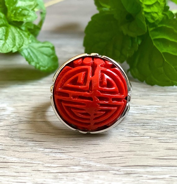 Vintage Chinese Sterling Silver Carved Cinnabar L… - image 2